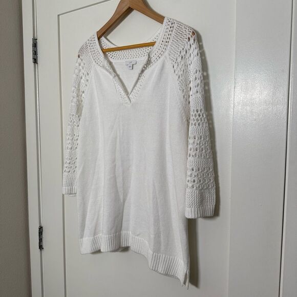 J Jill Top Womens Sz L White Crochet Knit Lace 3/4 Sleeve V Neck Beach Coastal - Picture 2 of 11
